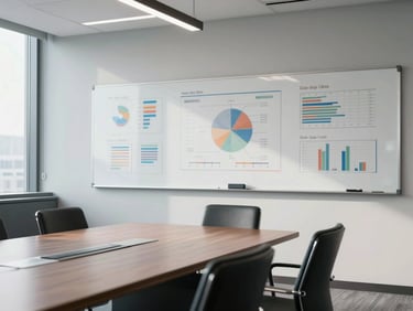 Wide cinematic crop of a modern corporate boardroom, structured whiteboard with actual data plots, cool high-contrast daylight.