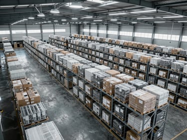 A high-angle drone shot of a modern distribution center, cool silver light filtering through skylights, organized racks, clean logistics pathways.