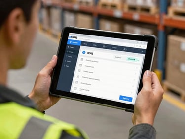Close-up of a rugged tablet displaying a real-time warehouse management system (WMS) dashboard, held by a consultant in a high-vis vest on a busy distribution center floor, warm background lighting.
