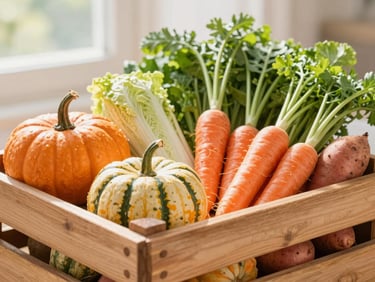 A rustic wooden crate overflowing with colorful fresh vegetables, pumpkins, carrots, and sweet potatoes, bright morning light.