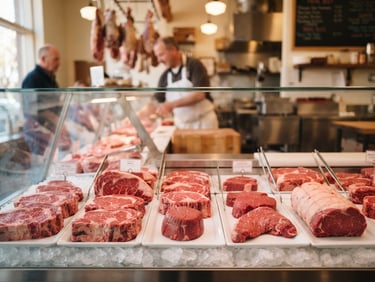 Fresh prime beef cuts neatly presented behind a spotless glass counter in a traditional butcher shop, warm ambient light.