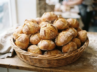 Golden crusty French bread rolls stacked high in a warm wicker basket, subtle steam rising, soft focus.
