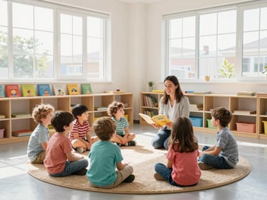 Wide environmental shot of a preschool classroom corner, three-year-olds seated in a circle on a rug listening to a teacher reading aloud, morning light from tall windows, colorful picture books visible on low shelves, genuine expressions of curiosity