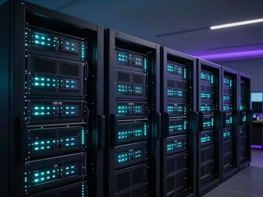 Wide architectural shot of a state-of-the-art network operations center, glowing server racks with cyan status lights, low-key ambient lighting, 35mm