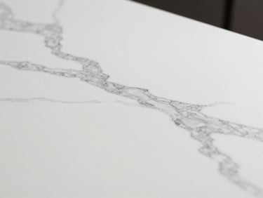Macro shot of premium white solid surface with elegant grey marble veins, soft architectural lighting, smooth matte finish