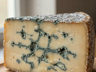 Tactile close-up of a broken wedge of cave-aged blue cheese, rich mold veins, glistening moisture, warm side window light, 35mm