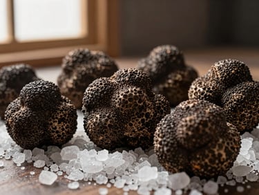 Tactile macro shot of whole black truffles resting on a bed of coarse sea salt, showing rough textured skin, warm side window light, 35mm
