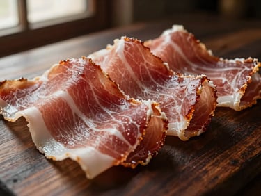 Macro shot of paper-thin sliced prosciutto di Parma folded gently, glistening fat marbling, dark wood background, warm side window light, 35mm