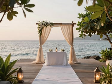 Elegant wooden deck wedding altar extending over calm coastal waters in Nha Trang, surrounded by lush green foliage and warm lanterns, 35mm.
