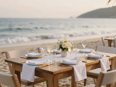Pristine private beach wedding reception setup in Nha Trang, long wooden tables with gold flatware and white linen, soft sea breeze, 35mm.