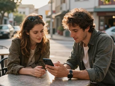 Two travelers sitting at a small cafe table outdoors, one showing the other something on a phone screen, warm golden-hour light, an ordinary neighborhood street in the background, candid and unposed, genuine conversation body language, shallow depth of field on their hands and the phone