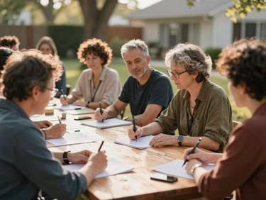 An outdoor neighborhood workshop with diverse local leaders discussing plans over a wooden table, soft afternoon sun