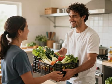 A community kitchen volunteer handing a fresh crate of vegetables to a local resident, warm daylight, authentic smiles