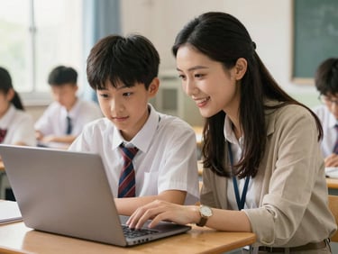 A mentor and high school student collaborating over a laptop in a bright classroom, warm natural light, candid interaction