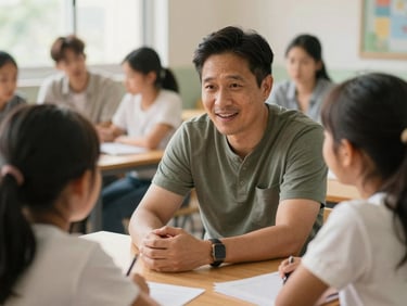 A warm environmental portrait of a community mentor talking to a young student in a sunlit classroom, natural daylight, soft focus, rich organic tones.