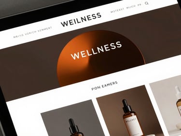 Abstract glassmorphic texture overlapping a sleek wellness brand website layout, sharp focus, premium tech aesthetic.