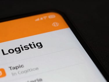 Close-up of a logistics tracking web app interface, sharp neon-orange accents, low-key dramatic studio lighting.