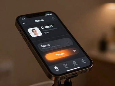 Angled device mockup showing a clean medical clinic interface in dark mode, warm ambient lighting, glassmorphic textures.