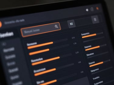 Tight macro crop of a dark moody UI dashboard with glowing orange accent lighting, showing local search metrics, 35mm.