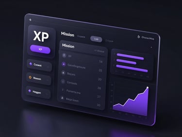 Sleek dark mode UI mockup of a personalized user dashboard with gamification elements, XP counter, mission list, and progress charts, glowing neon purple accents, glassmorphic cards, isometric view, high-tech, octane render.