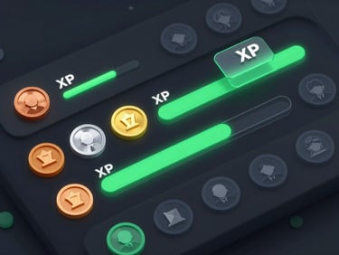 Dark mode UI mockup showing gamified progression system with user profile, level badges (Bronze, Silver, Gold), XP bar, and achievement pop-ups, cyber green neon highlights, glassmorphic elements, close-up shot, high-fidelity collaboration, sleek 3d render.