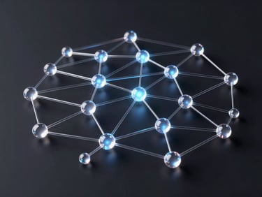 Abstract 3D render of network nodes connecting with glowing lines on a dark background, representing data flow and optimization, glassmorphic shapes refracting neon light, high-tech, isometric view