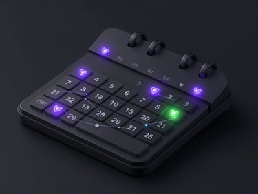 Sleek 3D render of a minimalist calendar interface with glowing event markers and abstract network lines, dark mode, neon accents (purple and green). High-tech, isometric view, octane render.