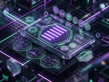 Isometric 3D render of a dark-mode dashboard interface, glowing purple progress bars, floating glassmorphic XP badges, cyber green accents, octane render