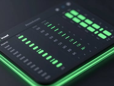 Macro shot of a dark mode UI showing a detailed data table with various metrics and filters, glowing cyber green highlights, glassmorphic textures, high-fidelity collaboration, octane render