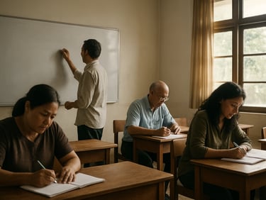 Environmental shot inside an Indonesian classroom, an instructor writing on a whiteboard while adult learners copy notes, afternoon window light casting soft shadows, rows of desks visible in mid-ground