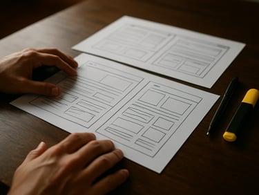 Close-up of hands placing printed module sheets onto a desk surface in a quiet Indonesian study room, natural overhead light, a pen and a highlighter resting beside the materials, no people's faces visible