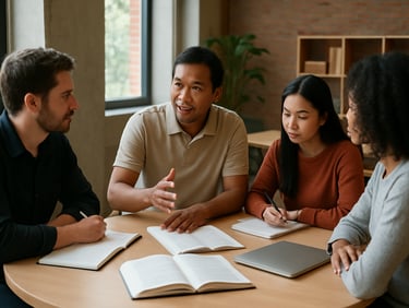 Wide shot of an Indonesian instructor leading a small group discussion at a round table in a co-working learning space, natural window light from the side, participants visible with open materials, instructor leaning forward mid-conversation