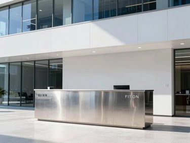 Modern corporate office lobby featuring minimalist reception signage in brushed stainless steel, crisp daylight, architectural interior.