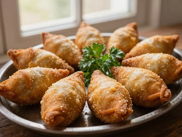 Overhead shot of a rustic platter filled with golden, crispy coxinhas and risoles, warm window light, fresh parsley garnish