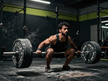 Indian athlete performing heavy deadlifts in a high-intensity gym, chalk dust, dramatic lighting, gritty athletic photography