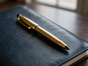 Macro shot of a heavy gold pen resting on a dark leather folder, dramatic side lighting, corporate editorial style.