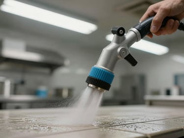 Close-up of a professional sprayer nozzle applying treatment to a tiled floor surface in a commercial kitchen, bright overhead fluorescent light, no human subjects