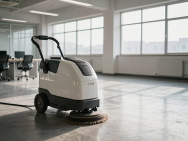 Wide shot of an empty office space being cleaned, industrial floor scrubber machine in the foreground, daylight from large windows, polished surface visible, no people
