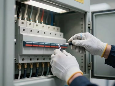 Close-up of an electrical panel being inspected by gloved hands in a utility room, clinical fluorescent lighting, no human face visible, technical installation context