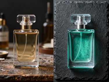 Split before-after comparison of a luxury perfume bottle: left side shows cluttered rustic table, right side shows transparent product cutout on a clean dark slate grid, dramatic backlighting, ultra-high detail