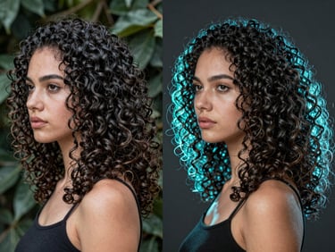 Split before-after comparison portrait of a model with complex curly hair: left side shows dense outdoor foliage, right side shows perfect hair edge transparent result with zero halos, dramatic studio lighting