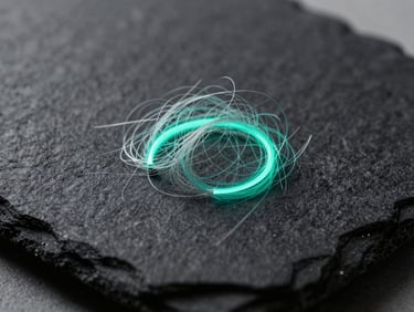 Extreme macro photography of fine curly hair fibers, backlit with neon teal rim light, isolated against a dark slate background, showcasing zero edge-blurring