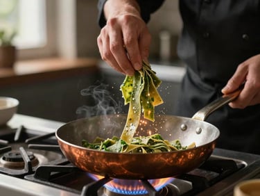 Close-up of a chef's hands tossing fresh pasta in a copper pan over a roaring gas flame, sparks flying, dark moody kitchen background, shallow depth of field