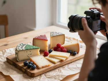 Behind-the-scenes shot of a photographer holding a professional camera over a beautifully arranged artisanal cheese board on a rustic parchment paper background