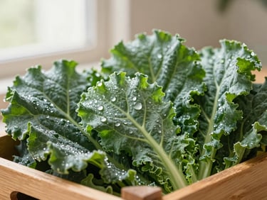 Macro shot of freshly harvested dark green kale leaves covered in morning dew drops, held in a wooden crate under soft, diffused early morning sunlight