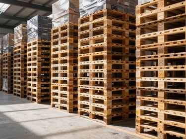 Interior of a large, high-tech warehouse, automated systems, neatly stacked pallets, bright natural light, warm cast, deep navy and warm gold tones, sharp focus, architectural framing, 35mm.