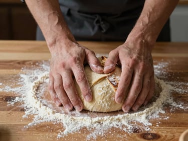 Chef's hands kneading sourdough on a floured wooden counter, natural light, rich deep tones, shallow depth of field, gritty editorial photography