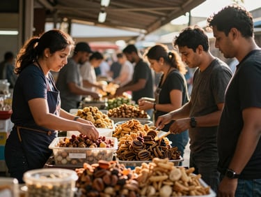 Bustling modern food market with customers interacting with vendors, warm golden-hour lighting, rich deep tones, gritty editorial photography