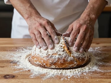 Close-up of a baker's hands dusting flour over a scoring sourdough loaf on a wooden table, natural light, rich textures, deep shadows.