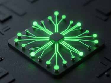 Isometric view of a complex neural network interface, glowing green terminal lines, dark graphite background, futuristic 3D render